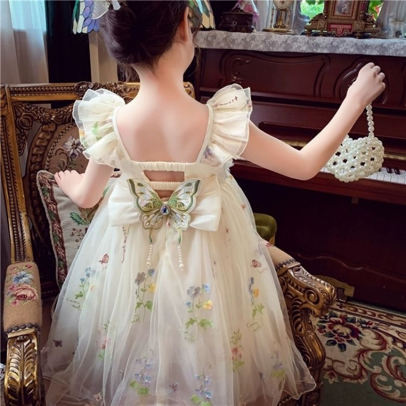 Rochie de vară pentru fete, rochie de printesa cu imprimeu floral, frumoasă, cu bretele, stil nou, 2025