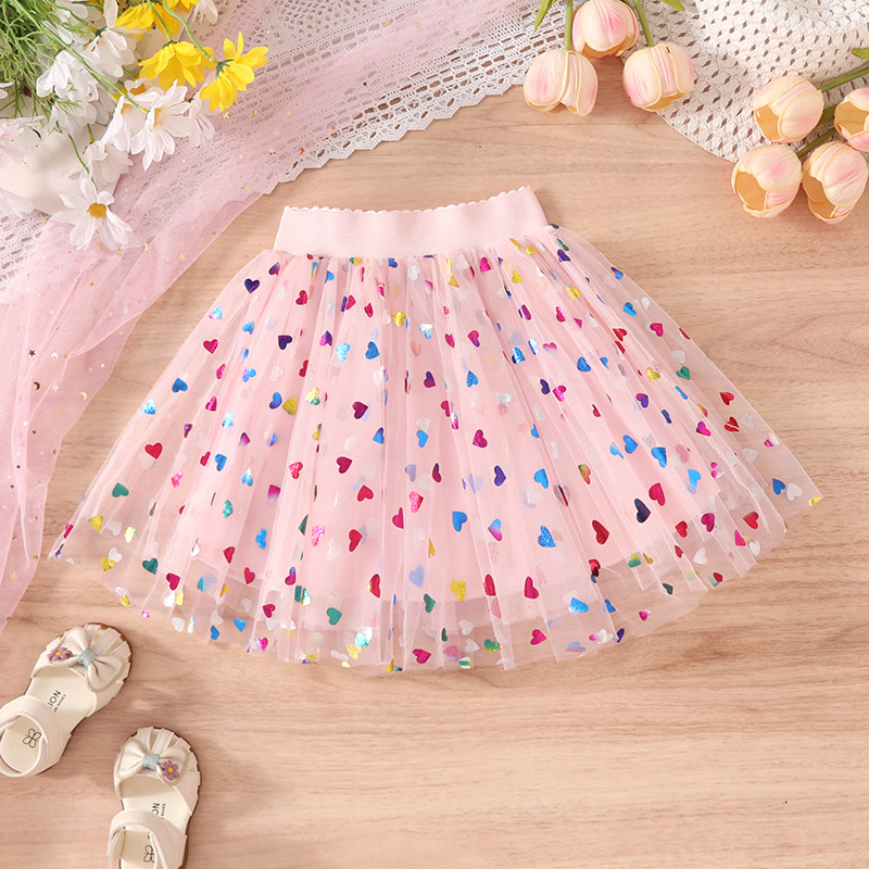 „Four Seasons“ vaikiški drabužiai, urmu, mergaičių meilės sijonas, 2025 m. vasaros trumpas sijonas, pūstas mergaitiškas persikų širdies formos princesės sijonas, pussijonas