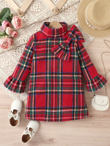 Îmbrăcăminte pentru copii din Europa și America pentru fete, material tartan îngroșat, fundă, guler înalt, fermoar, mâneci clopot, cămașă de lungime medie pentru copii de mărime mică și mijlocie