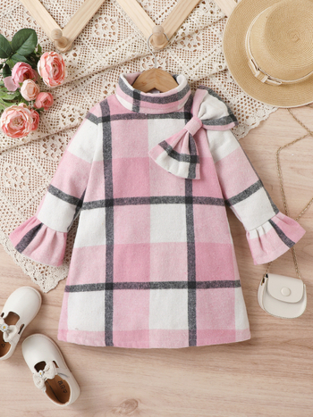 Παιδικά ρούχα για κορίτσια από Ευρώπη και Αμερική, παχύ ύφασμα από ταρτάν, φιόγκος, ψηλό γιακά, φερμουάρ, μανίκια με καμπάνα, πουκάμισο μεσαίου μήκους για μικρά και μεσαίου μεγέθους παιδιά