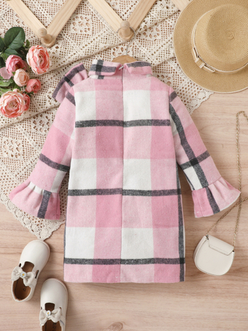 Παιδικά ρούχα για κορίτσια από Ευρώπη και Αμερική, παχύ ύφασμα από ταρτάν, φιόγκος, ψηλό γιακά, φερμουάρ, μανίκια με καμπάνα, πουκάμισο μεσαίου μήκους για μικρά και μεσαίου μεγέθους παιδιά