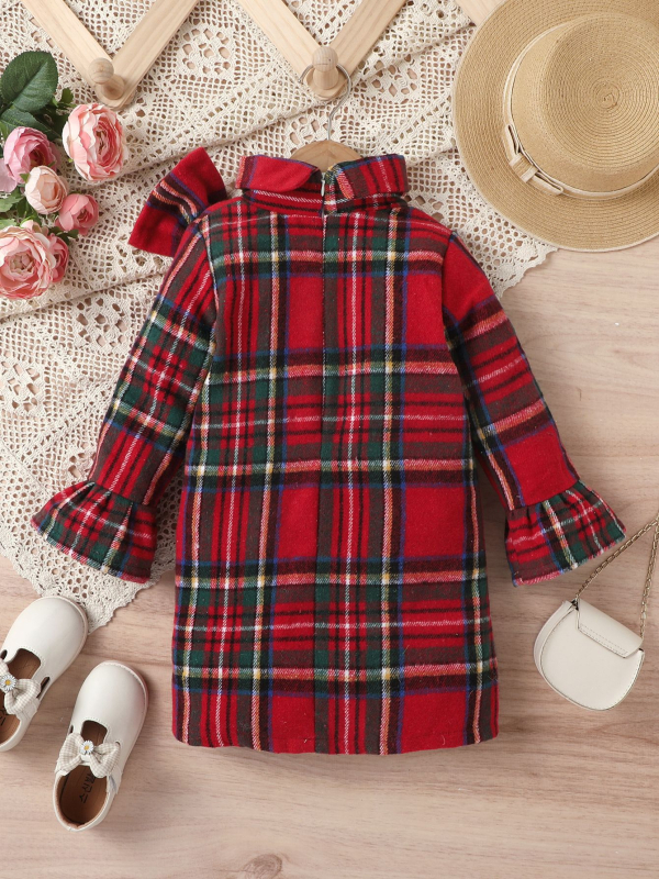 Îmbrăcăminte pentru copii din Europa și America pentru fete, material tartan îngroșat, fundă, guler înalt, fermoar, mâneci clopot, cămașă de lungime medie pentru copii de mărime mică și mijlocie