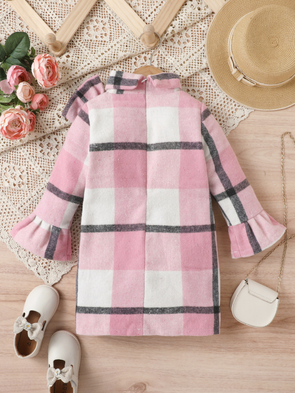 Îmbrăcăminte pentru copii din Europa și America pentru fete, material tartan îngroșat, fundă, guler înalt, fermoar, mâneci clopot, cămașă de lungime medie pentru copii de mărime mică și mijlocie