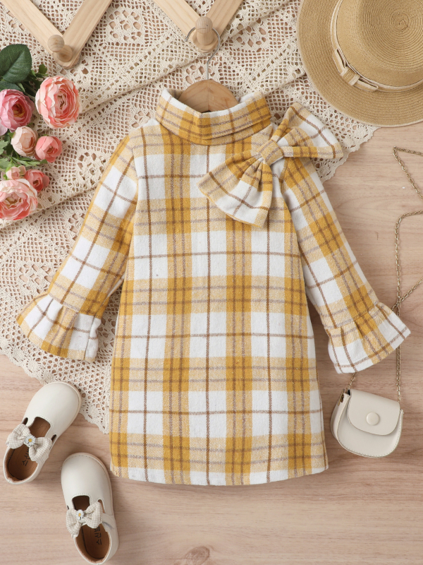 Îmbrăcăminte pentru copii din Europa și America pentru fete, material tartan îngroșat, fundă, guler înalt, fermoar, mâneci clopot, cămașă de lungime medie pentru copii de mărime mică și mijlocie