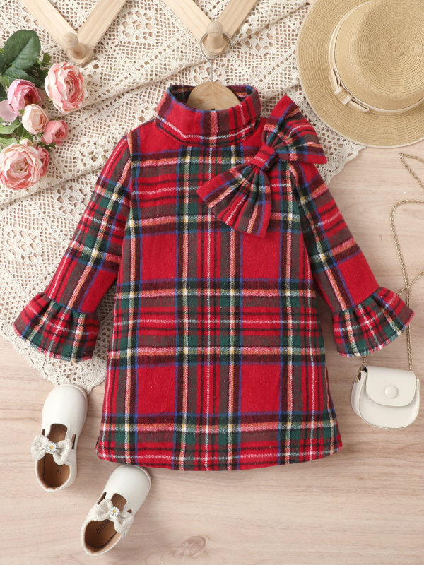 Îmbrăcăminte pentru copii din Europa și America pentru fete, material tartan îngroșat, fundă, guler înalt, fermoar, mâneci clopot, cămașă de lungime medie pentru copii de mărime mică și mijlocie