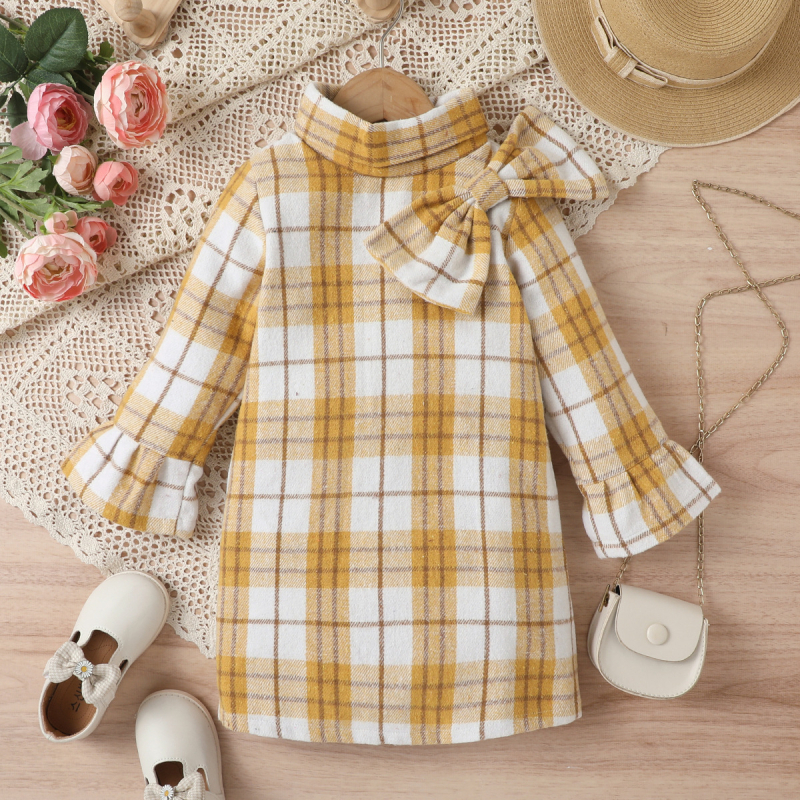 Îmbrăcăminte pentru copii din Europa și America pentru fete, material tartan îngroșat, fundă, guler înalt, fermoar, mâneci clopot, cămașă de lungime medie pentru copii de mărime mică și mijlocie