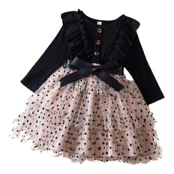 Φθινόπωρο και χειμώνας 2024, νέο φόρεμα με μακριά μανίκια για κορίτσια, φούστα πριγκίπισσας με φιόγκο από δαντέλα, πολυστρωματική φούστα με τούρτα από πλέγμα