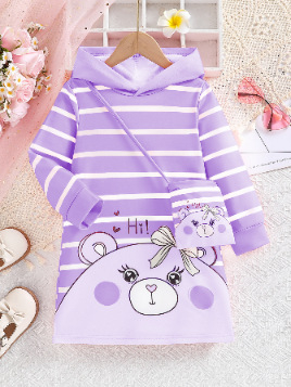 Διασυνοριακό ευρωπαϊκό και αμερικανικό στυλ κοριτσιού με χαριτωμένο πουλόβερ με στάμπα με κινούμενα σχέδια και ζωάκια, μακριά μανίκια και κουκούλα, casual φόρεμα