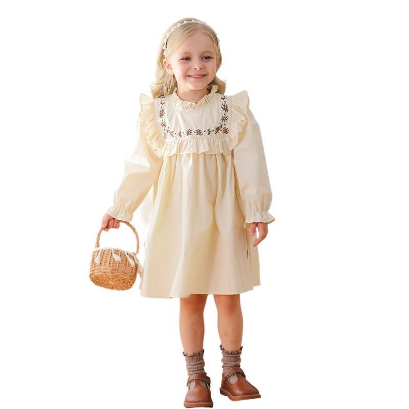 Rochie de fete cu broderie retro de pădure și flori, toamna 2024, guler înalt, volane din dantelă, rochie de prințesă pentru copii, mâneci lungi