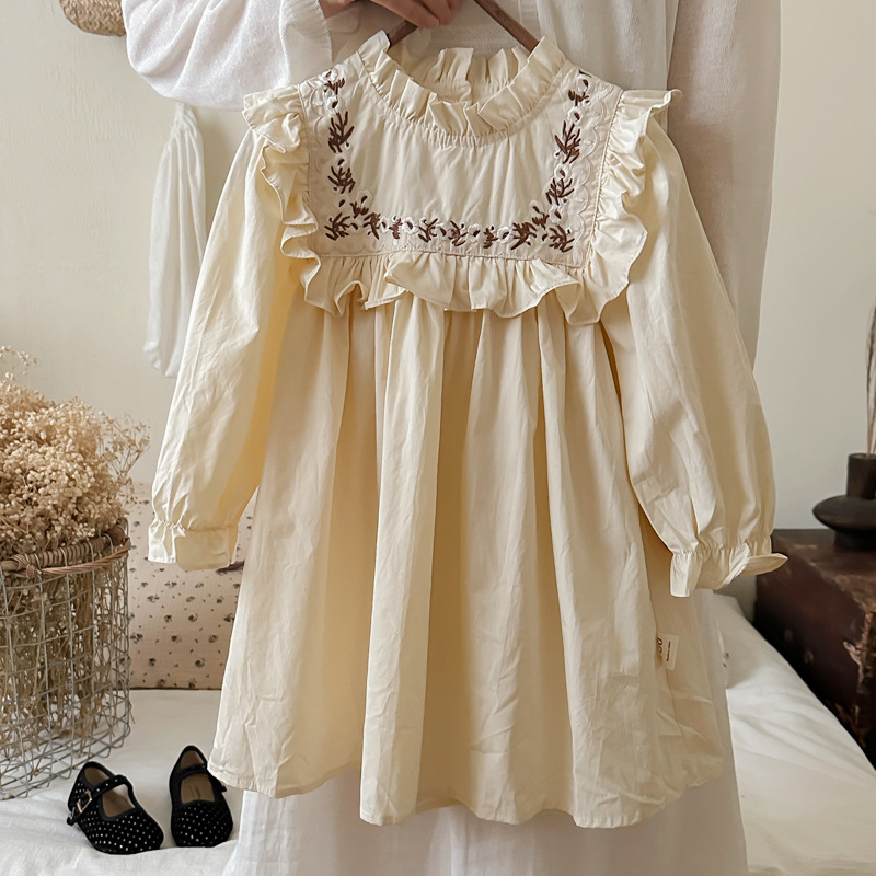 Metsa retro lillega tikandiga tüdrukute kleit 2024 sügisene krae volangidega pitsiga laste printsesskleit pikkade varrukatega