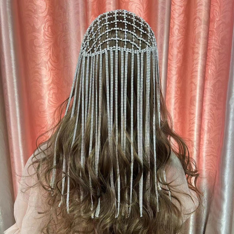 Εκρηκτική αλυσίδα με διαμάντια, μακριά φούντα, περούκα με στρας, πανκ αλυσίδα μαλλιών, καπέλο για πάρτι, παραστατικές τέχνες