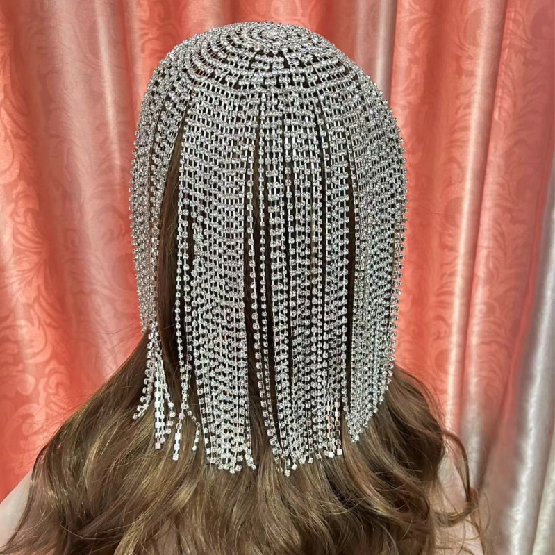 Εκρηκτική αλυσίδα με διαμάντια, μακριά φούντα, περούκα με στρας, πανκ αλυσίδα μαλλιών, καπέλο για πάρτι, παραστατικές τέχνες