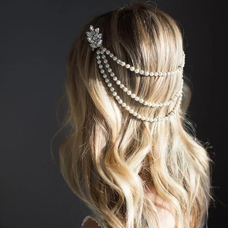 Pārrobežu jauna daudzslāņu pērļu matu ķēde sieviešu vienkārša retro līgavas kāzu galvassega, augstas klases modes rhinestones ķemme