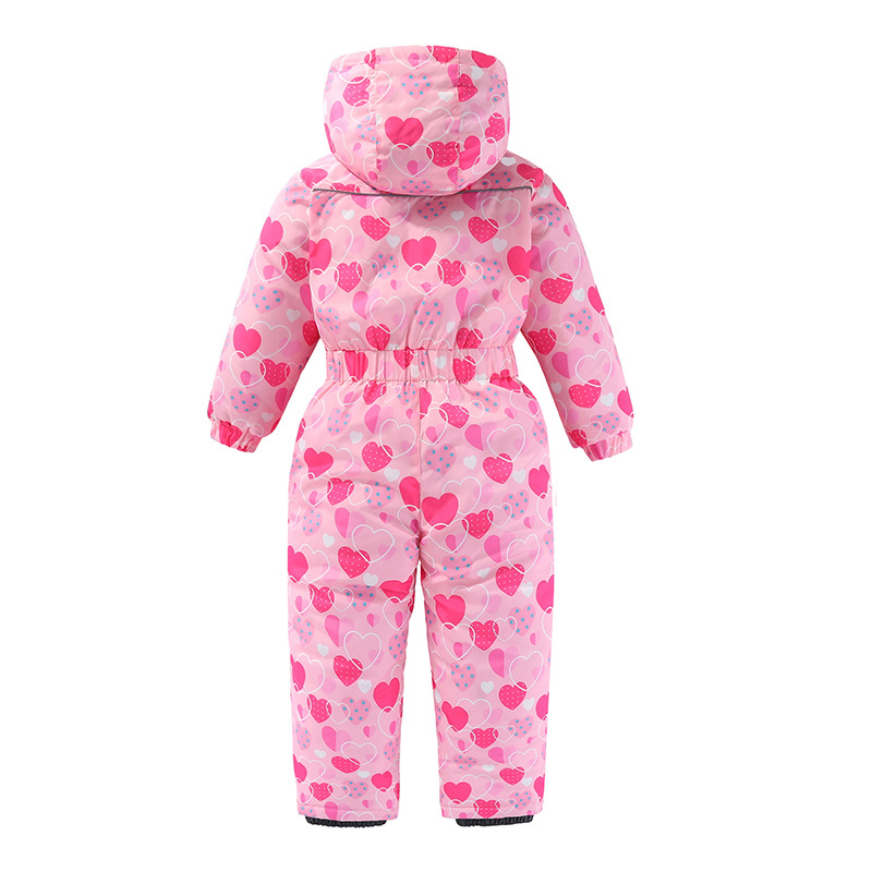 Нови зимни ски дрехи за момичета от една част, памучни дрехи, детски ски дрехи, удебелени топли памучни дрехи с щампа на сърце