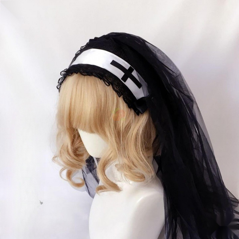 Vienuolės galvos apdangalas, retro stiliaus, galvos juosta, juoda ir balta, tamsi naktis, šventoji bažnyčia, kryžius, siuvinėta, ryški deimantinė skara, šydas, kita, sidabrinė