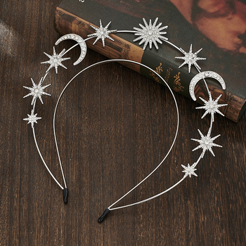 Piiriülene moodne päikesejumalanna kahekihiline peapael kuueharulise tähe ja kuuga, sulamist kristallist peapaelaga barokkstiilis peakatted