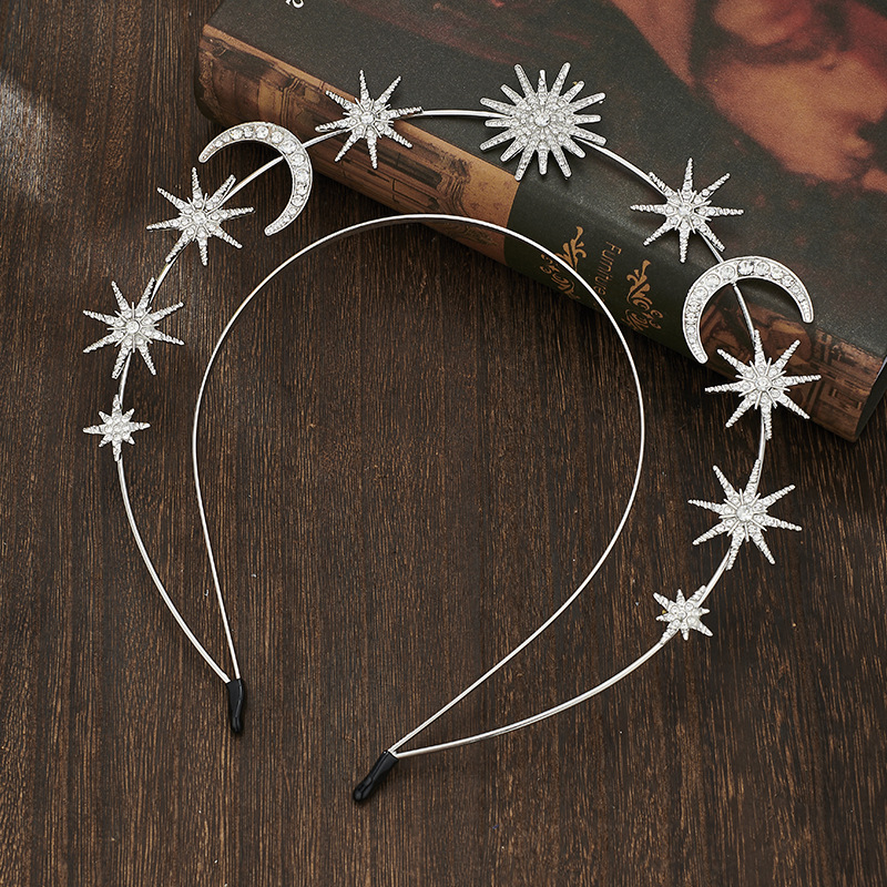 Piiriülene moodne päikesejumalanna kahekihiline peapael kuueharulise tähe ja kuuga, sulamist kristallist peapaelaga barokkstiilis peakatted