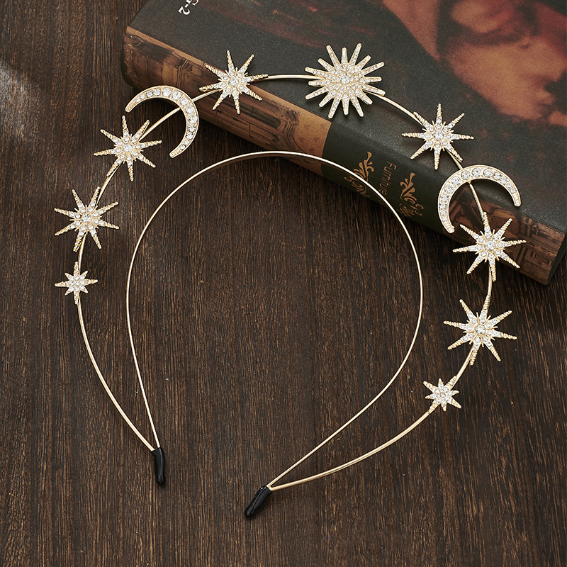 Piiriülene moodne päikesejumalanna kahekihiline peapael kuueharulise tähe ja kuuga, sulamist kristallist peapaelaga barokkstiilis peakatted