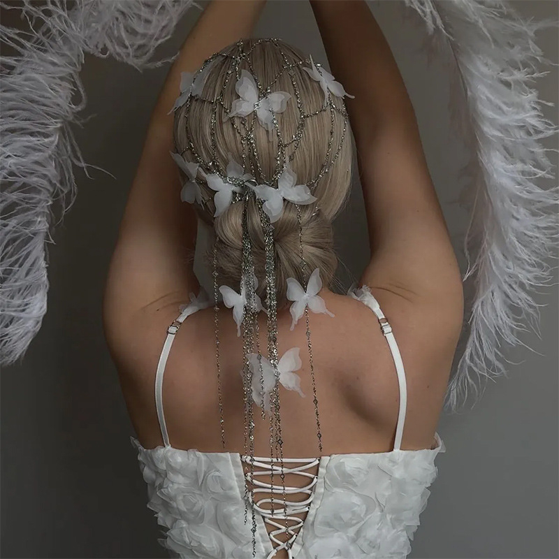 Piiriülene uus liblikas õõnes juuksekett Mori stiilis elegantne rhinestone tupsuga juukserõngas pruudi õhtusöögiks mõeldud juuste aksessuaarid peakatted