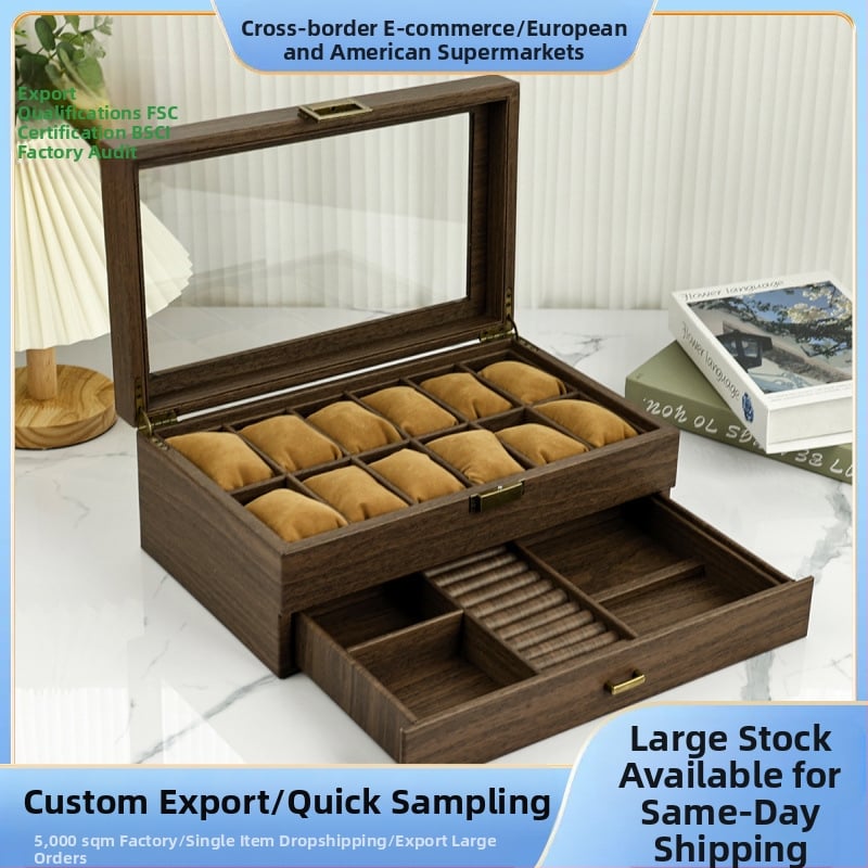 Nauja dviguba medžio tekstūros odinė laikrodžių laikymo dėžutė daugiafunkcinė papuošalų dėžutė ruda vintažinė laikrodžių dėžutė su užraktu