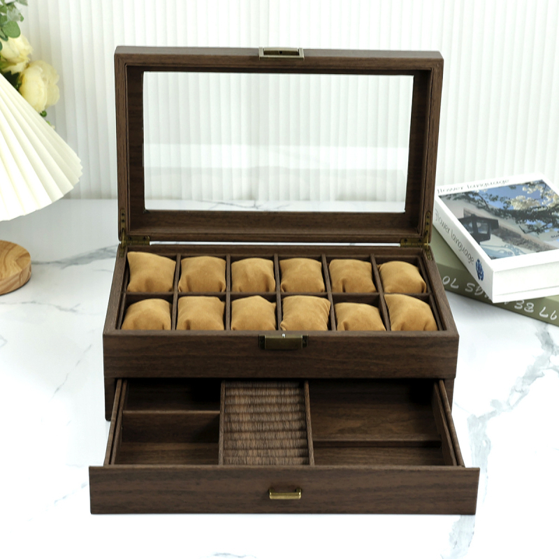 Nauja dviguba medžio tekstūros odinė laikrodžių laikymo dėžutė daugiafunkcinė papuošalų dėžutė ruda vintažinė laikrodžių dėžutė su užraktu
