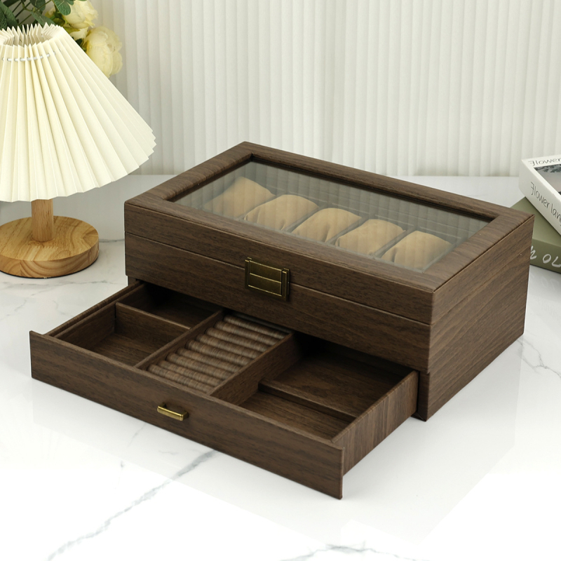 Nauja dviguba medžio tekstūros odinė laikrodžių laikymo dėžutė daugiafunkcinė papuošalų dėžutė ruda vintažinė laikrodžių dėžutė su užraktu