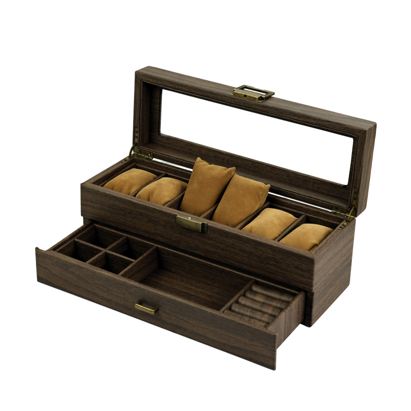 Nauja dviguba medžio tekstūros odinė laikrodžių laikymo dėžutė daugiafunkcinė papuošalų dėžutė ruda vintažinė laikrodžių dėžutė su užraktu