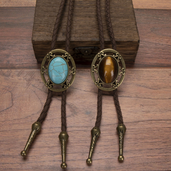 1 τεμάχιο μόδας μοντέρνο PU δέρμα πλεγμένο bolo κολάρο δέσιμο σχοινί τυρκουάζ κρεμαστό κολιέ άνδρες γυναίκες μακρύ κολιέ σε κουτί