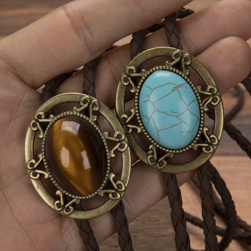 1 buc moda trendy PU piele împletită Bolo cravată guler frânghie turcoaz pandantiv colier bărbați femei colier lung poate