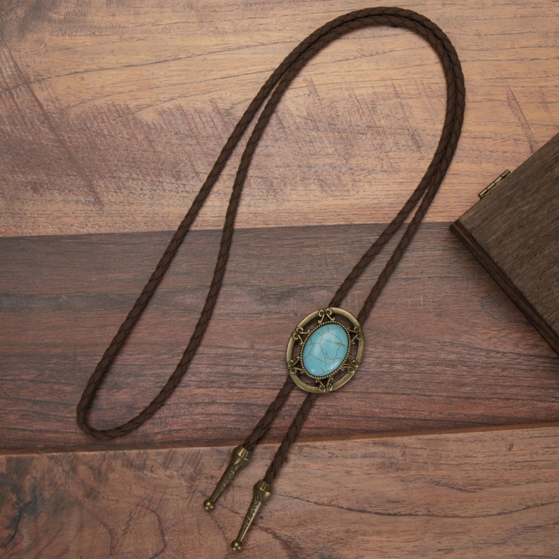 1 buc moda trendy PU piele împletită Bolo cravată guler frânghie turcoaz pandantiv colier bărbați femei colier lung poate