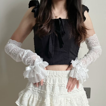 Tüdrukute pitsist pitsist lipsuga kindad, trendikad suvised päikesekaitsekreemi õõnsad ühevärvilised kindad, Y2K subkultuuri armsad varrukad