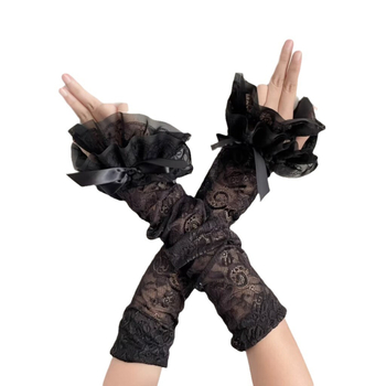 Tüdrukute pitsist pitsist lipsuga kindad, trendikad suvised päikesekaitsekreemi õõnsad ühevärvilised kindad, Y2K subkultuuri armsad varrukad