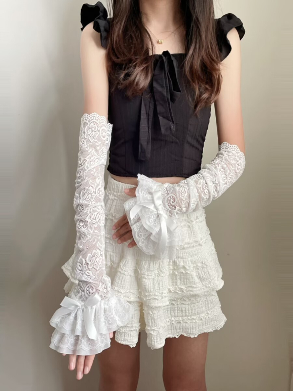 Tüdrukute pitsist pitsist lipsuga kindad, trendikad suvised päikesekaitsekreemi õõnsad ühevärvilised kindad, Y2K subkultuuri armsad varrukad