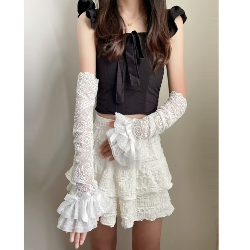 Tüdrukute pitsist pitsist lipsuga kindad, trendikad suvised päikesekaitsekreemi õõnsad ühevärvilised kindad, Y2K subkultuuri armsad varrukad