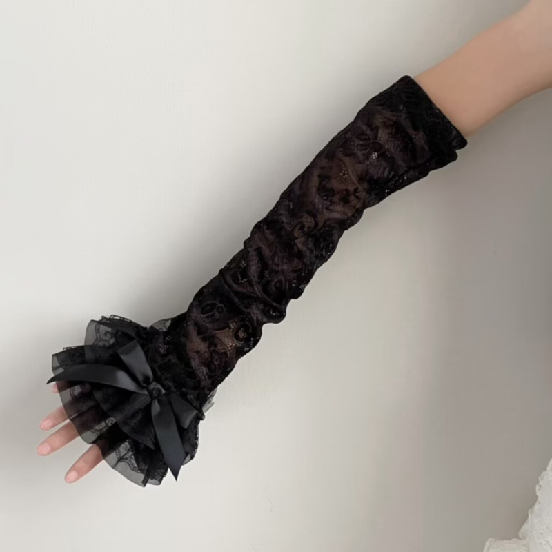 Mergaičių nėriniuotos pirštinės su kaspinu, madingos vasaros apsaugos nuo saulės, tuščiavidurės, vienspalvės, Y2K subkultūros, mielos rankovės.