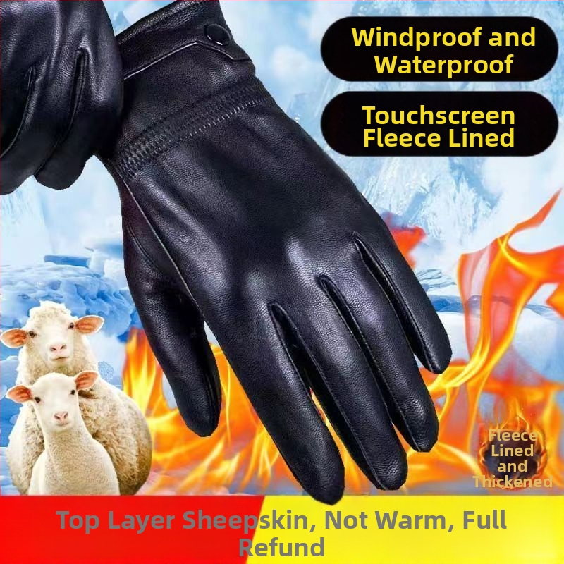 [Първослойна козя кожа] Кадифени удебелени топли ръкавици Зимни ръкавици с сензорен екран против хлъзгане за мотоциклет и колоездене