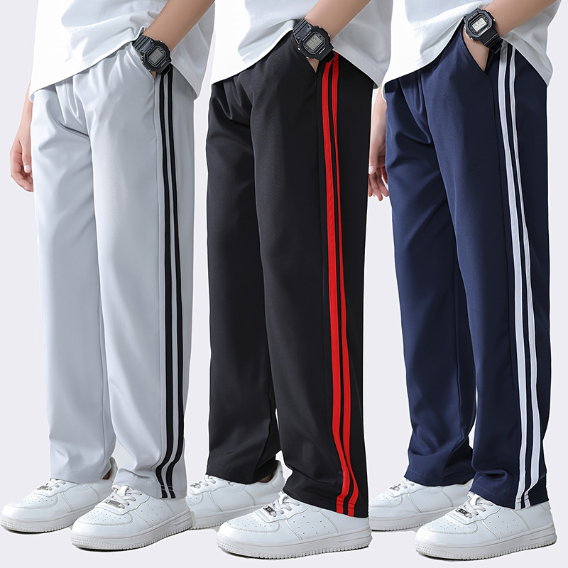 Tanke ljetne hlače za dječake za učenike osnovne i srednje škole, školske uniforme s dvije pruge, crne i tamnoplave sportske hlače, ravne školske hlače