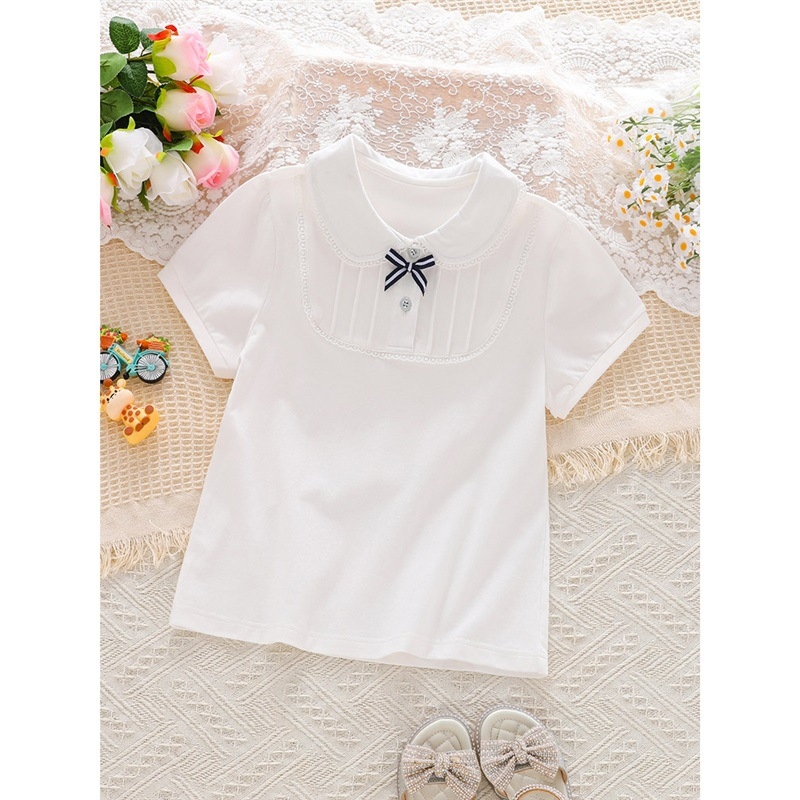 Tricou pentru fete cu mânecă scurtă 2025, stil nou, alb, super frumos, tricou polo pentru fetițe, guler pentru bebeluși, top de vară din bumbac