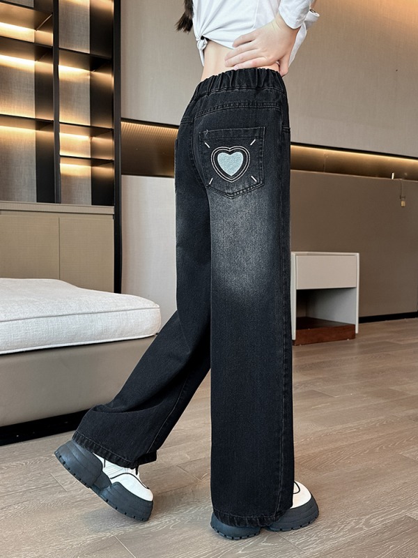 Tüdrukute laiad teksapüksid kevad ja sügis 2024 uued laste sirged teksad lääne stiilis tüdrukute sügispikad püksid