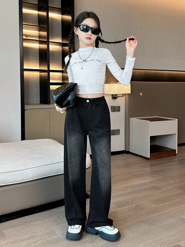 Tüdrukute laiad teksapüksid kevad ja sügis 2024 uued laste sirged teksad lääne stiilis tüdrukute sügispikad püksid