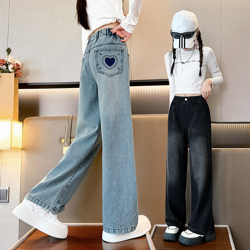 Tüdrukute laiad teksapüksid kevad ja sügis 2024 uued laste sirged teksad lääne stiilis tüdrukute sügispikad püksid