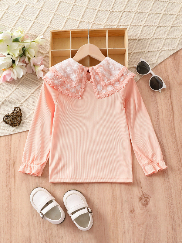 Comerț exterior en-gros fete cu mânecă lungă guler de păpușă primăvară și toamnă tricou copii fete modă guler de dantelă stil străin drăguț