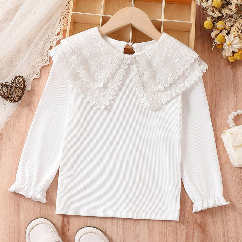 Comerț exterior en-gros fete cu mânecă lungă guler de păpușă primăvară și toamnă tricou copii fete modă guler de dantelă stil străin drăguț