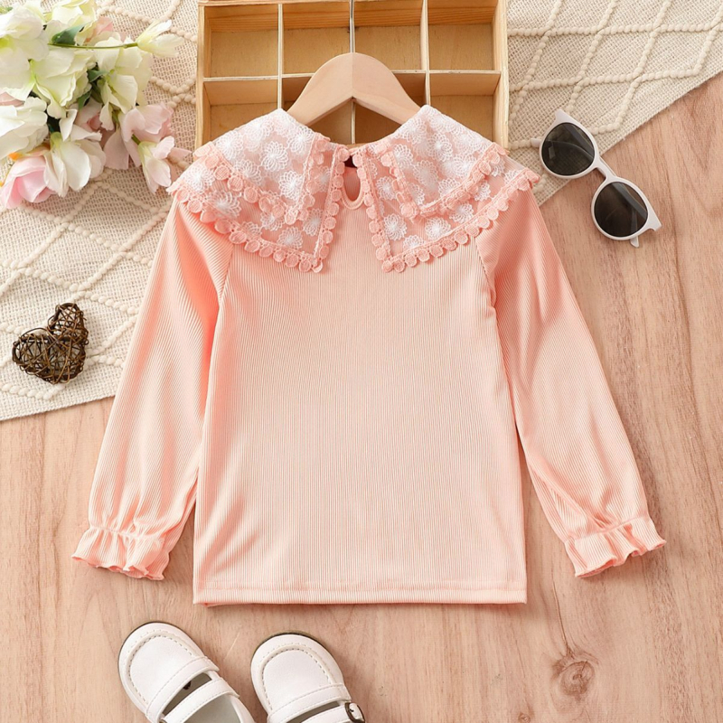 Comerț exterior en-gros fete cu mânecă lungă guler de păpușă primăvară și toamnă tricou copii fete modă guler de dantelă stil străin drăguț