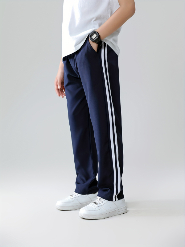 Poiste suvised õhukesed püksid põhi- ja algkooliõpilastele, koolivormi püksid kahe triibuga, mustad ja tumesinised spordipüksid, sirge säärega koolipüksid