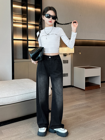 Tüdrukute laiad teksapüksid kevad ja sügis 2024 uued laste sirged teksad lääne stiilis tüdrukute sügispikad püksid