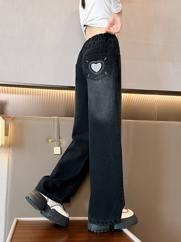 Pantaloni largi din denim pentru fete, primăvara și toamna 2024, blugi drepți pentru copii, stil occidental, pantaloni lungi de toamnă pentru fete
