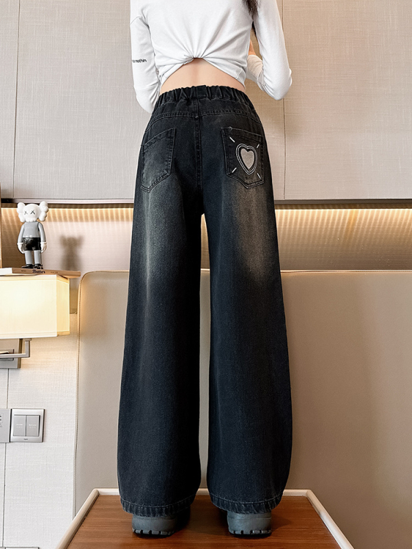 Tüdrukute laiad teksapüksid kevad ja sügis 2024 uued laste sirged teksad lääne stiilis tüdrukute sügispikad püksid