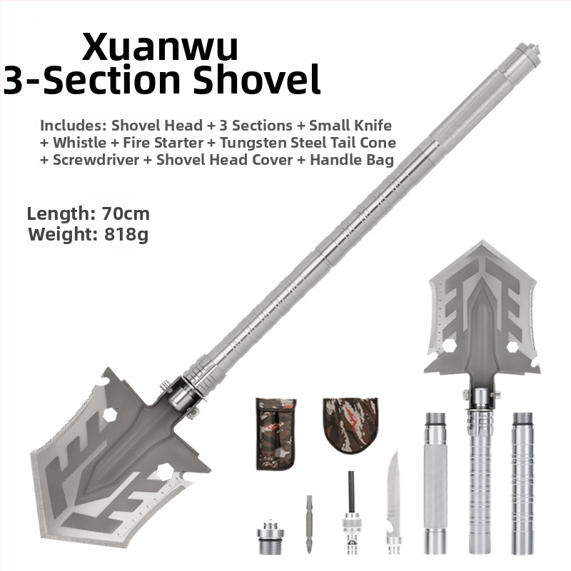 Kempingo daugiafunkcis atidarytuvas, lauko kempingo, žvejybos, automobilio kastuvas, mangano plieno sulankstomas armatūros įrankių kastuvas