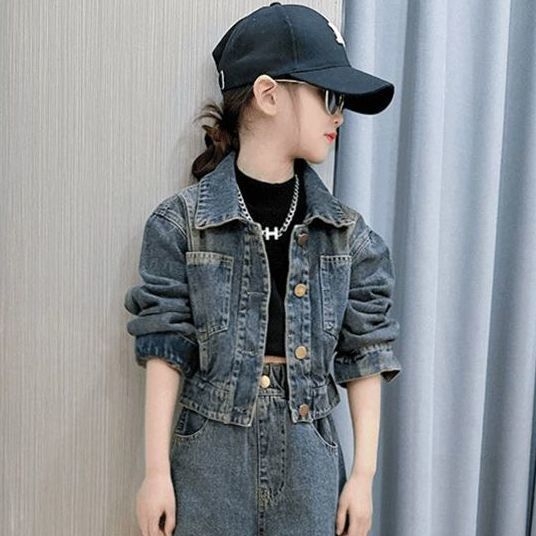 Costum din denim pentru fete 2025 toamnă nouă la modă retro pentru copii, jachetă scurtă, pantaloni drepți, set din două piese